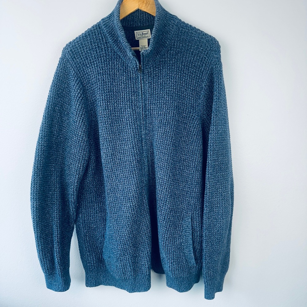 LL‎ Bean Organic Cotton Waffle Knit Full Zip Sweater Blue XL Tall Heavyweight